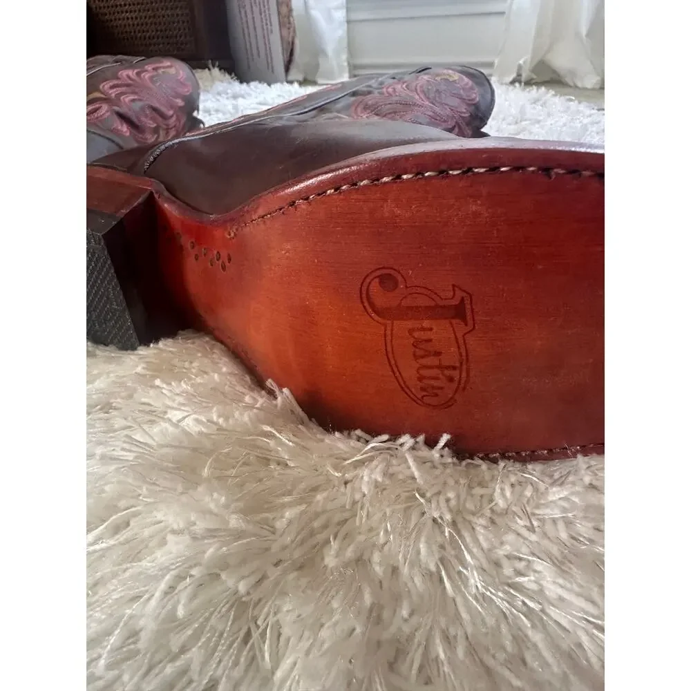 NWT Justin L2687 Ladies Punchy Western Boots Antique Brown Pink Square Toe 9.5 B - Picture 5 of 9